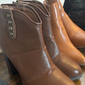 Seven7 Brown Leatherette Ankle Booties with Snap-Button Detail